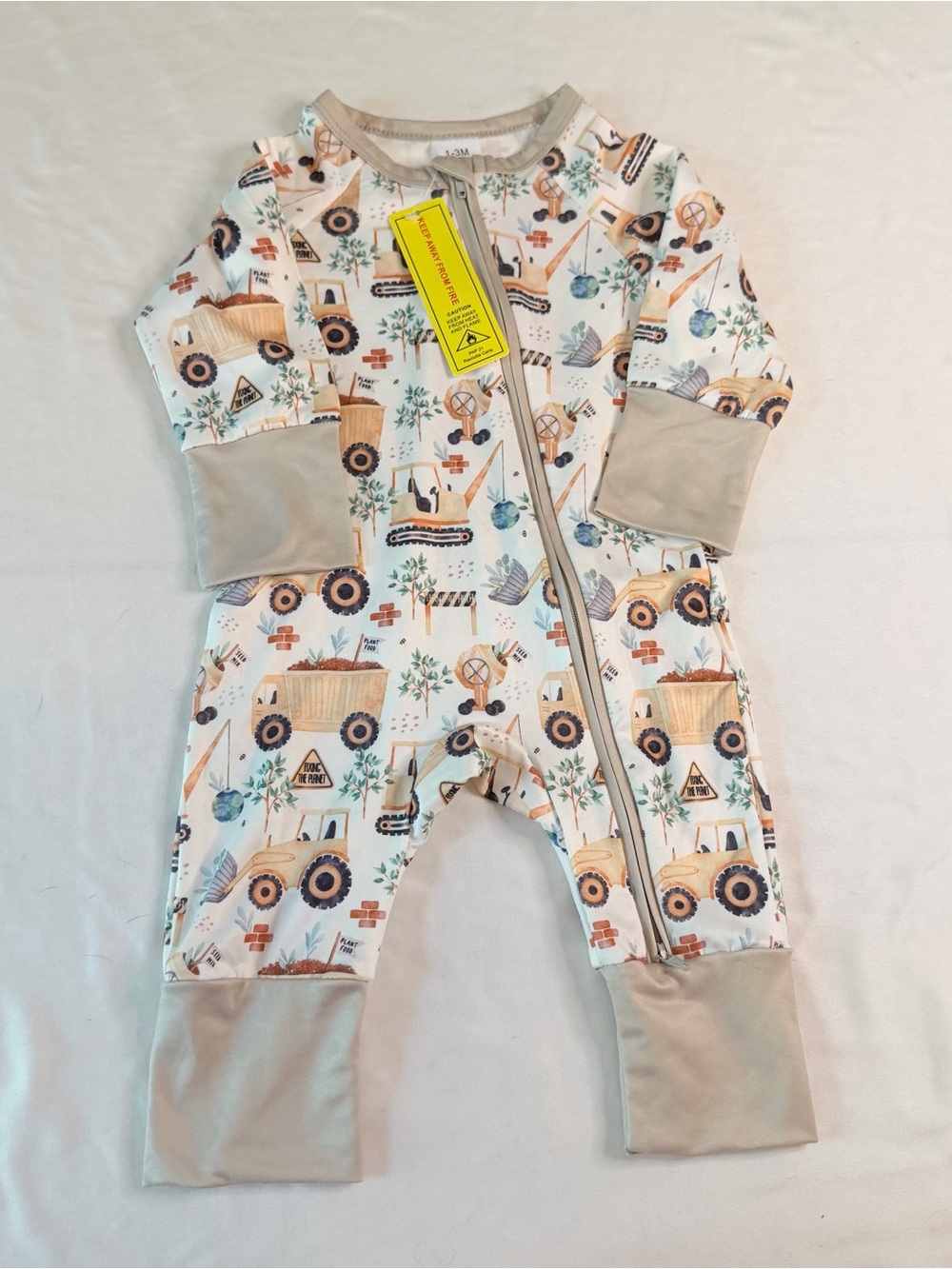 Baby Construction Bamboo Zip Romper 1-3M Excavator Truck Footless Sleeper NWT